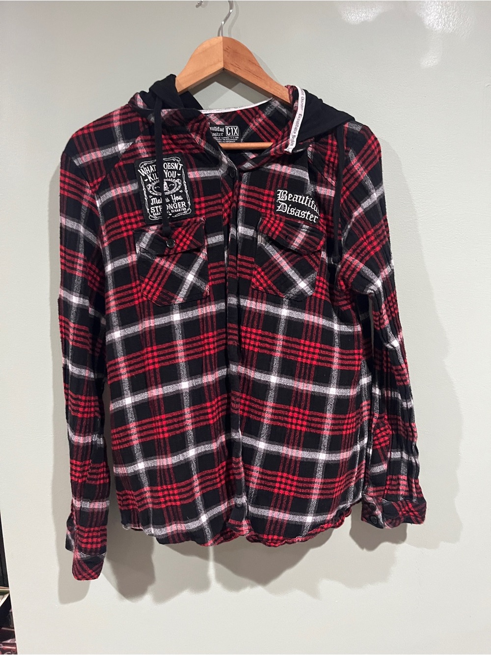 Beautiful Disaster Women’s Red & Black Plaid Button-Down Hooded Shirt